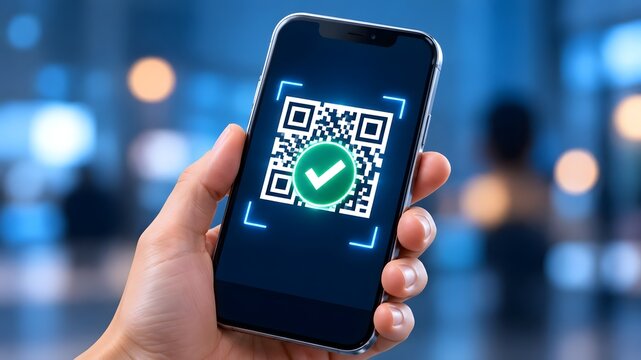 Hand holding a smartphone scanning a digital QR code with a green checkmark popping up to indicate successful validation and secure payment