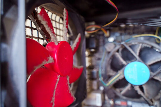 Dusty CPU cooling fan inside a desktop computer