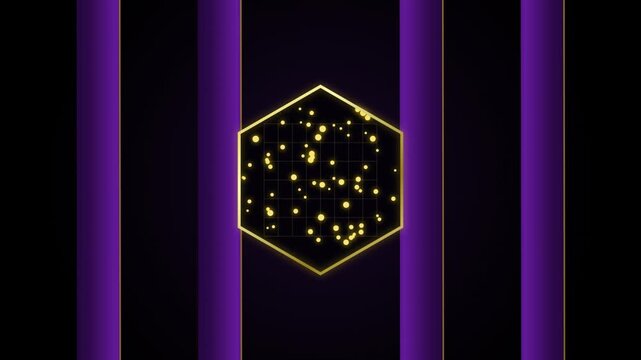 Abstract hexagon motion background, with glowing golden, particles and purple, vertical lines geometric