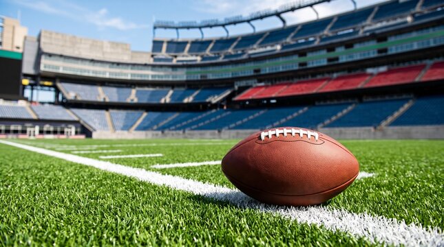 American Football Resting on Green Turf Field Inside a Modern Sports Stadium