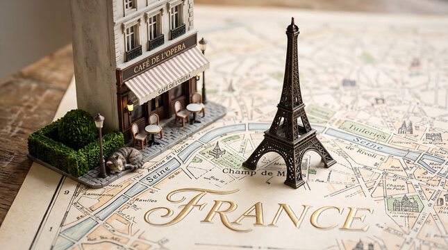 French miniature diorama on a map with Eiffel Tower and Parisian caf&eacute;
