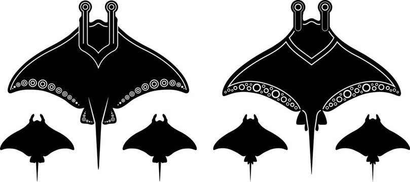Stylized manta ray vector silhouette set with ornamental edge patterns suitable for stingray tattoos graphics and marine emblems