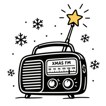 doodle illustration of vintage radio tuned to christmas fm with star antenna &mdash; analog holiday