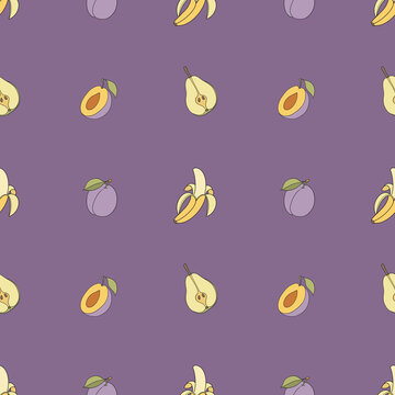 Seamless pattern with bananas, plums and pears