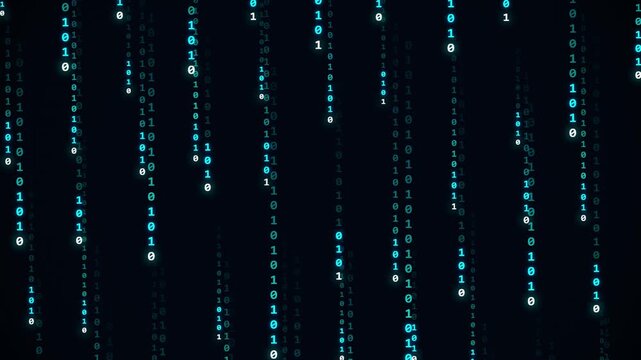 Digital binary code background with falling blue numbers representing data flow and computer programming concepts