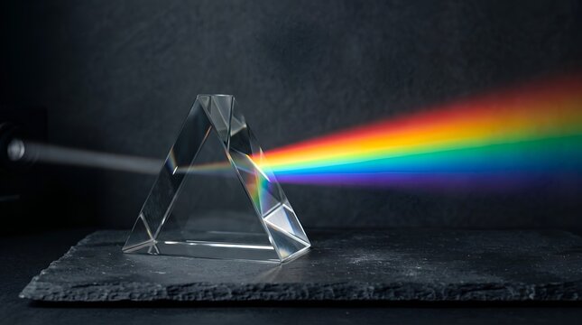 Glass prism refracting light beam into colorful rainbow spectrum symbolizing positive mindset shift and reframing negative thoughts