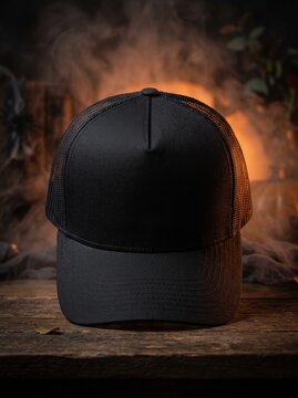 Blank Black Trucker Cap Mockup on Rustic Wooden Table with Smoky Atmospheric Lighting