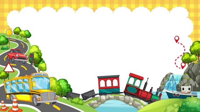 Cartoon Transportation Border Loop with School Bus and Train