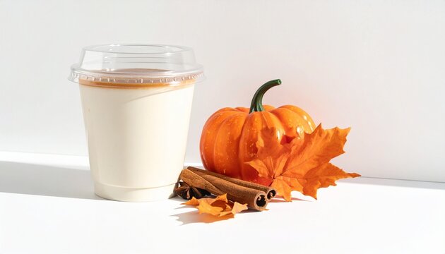 Seasonal Pumpkin Spice Latte Drink in Disposable Cup Decorated with Autumnal Leaves and Cinnamon Sticks for Festive Halloween Inspired Concepts