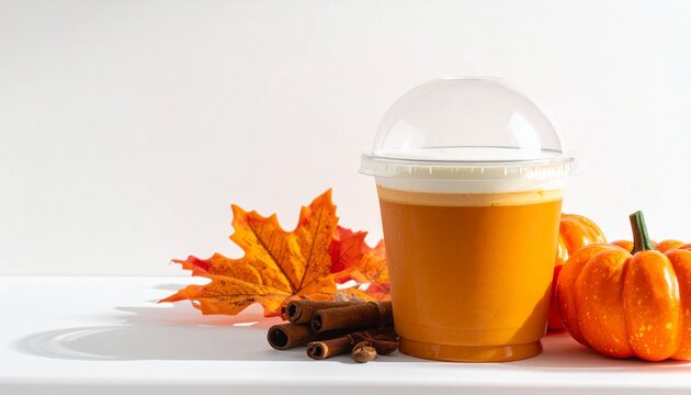 Autumn Pumpkin Spice Latte in Disposable Cup with Fall Leaves and Cinnamon for Halloween Seasonal Drink Promotion and Cozy Festive Refreshment