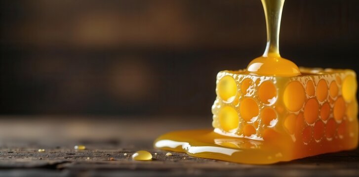 Honeycomb section, dripping honey, dark wood backdrop , copy space, product, ingredient