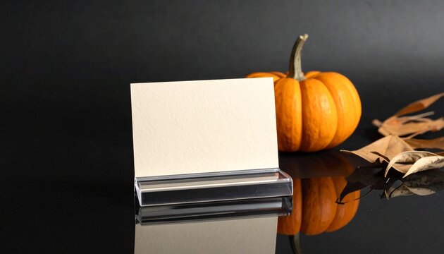 Elegant Blank Paper Sign Mockup Featuring A Vibrant Autumn Pumpkin And Dry Foliage On A Reflective Surface For Halloween Seasonal Promotions