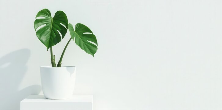 Minimalist monstera in white pot on white pedestal Empty white wall , background, white wall, green