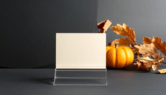Empty Paper Card Mockup Displaying a Minimalist Halloween Table Decor Arrangement Featuring a Small Pumpkin and Dried Autumn Oak Leaves