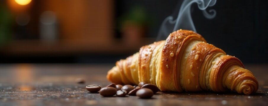 Steam rising from espresso, next to buttery croissant & beans , gourmet, warm, beans