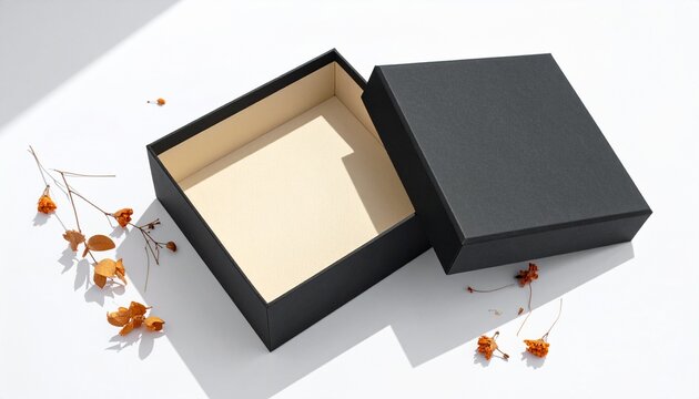 Elegant Minimalist Halloween Jewelry Gift Box Mockup Featuring A Blank Open Black Container Decorated With Dried Autumn Flowers On White Background