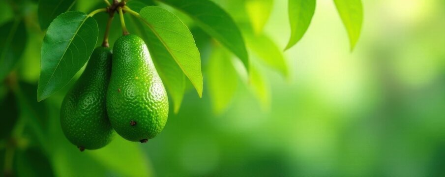 Vibrant green avocado on abundant Hawaiian avocado tree Ample background space , closeup, agriculture, food
