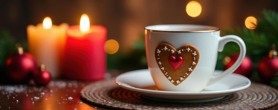 White mug, gingerbread heart, Advent candlelight Festive table setting , table, white, festive