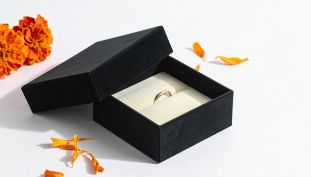 Elegant Gold Wedding Ring Inside a Minimalist Black Gift Box Decorated with Autumn Marigold Flowers for Halloween Romantic Proposals