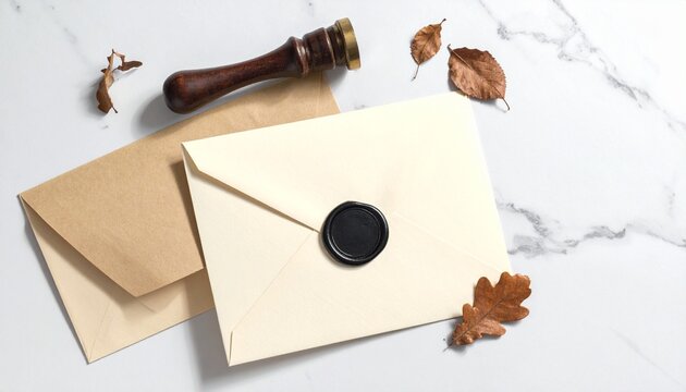Elegant Halloween Correspondence Mockup Featuring Blank Envelopes with a Black Wax Seal and Seasonal Autumn Leaves on a Refined Marble Texture Surface