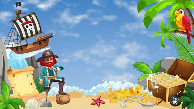 Pirate Island Cartoon Loop with Treasure Chest and Ship
