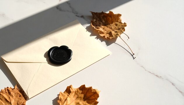 Elegant vintage envelope with a rustic black wax seal and dried autumn leaves for a sophisticated Halloween themed stationery product mockup