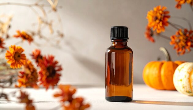 Amber Glass Essential Oil Bottle Mockup Featuring Festive Autumn Flowers and Pumpkins for a Seasonal Halloween Aromatherapy Product Presentation