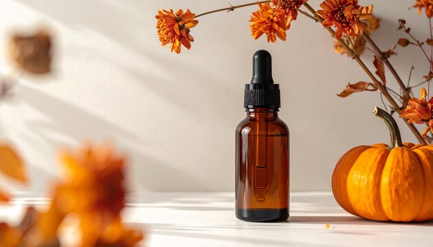 Autumnal Amber Dropper Bottle Mockup Featuring A Festive Pumpkin And Dried Flowers For A Cozy Halloween Seasonal Skincare Branding Display