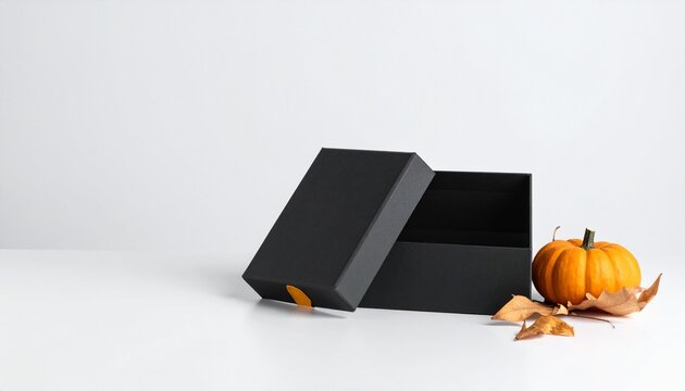 Halloween festive blank black gift box product mockup featuring an autumn orange pumpkin and dry fall foliage for seasonal commercial presentation