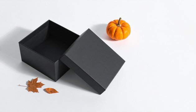 Elegant Halloween Gift Packaging Featuring A Minimalist Black Box With A Small Pumpkin And Dry Autumn Leaves On A Clean White Background Surface