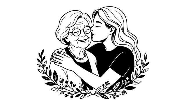 Young woman embracing and kissing her grandmother expressing family love and respect