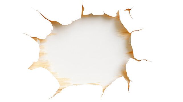 A circular hole with splintered wood edges on a white background