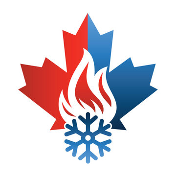 Maple leaf with hot and cold symbol. 
Canada heating  and cooling logo design vector.