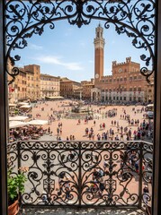Obraz premium View of Piazza del Campo in Siena Italy through ornate wrought iron balcony.