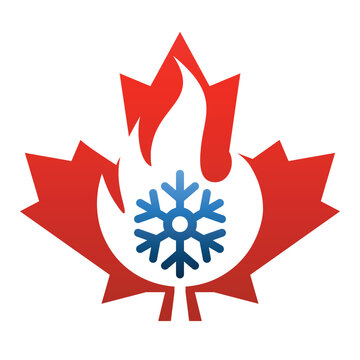 Maple leaf with hot and cold symbol. 
Canada heating  and cooling logo design vector.