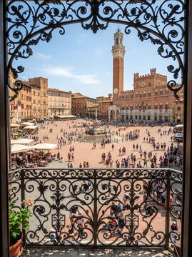 View of Piazza del Campo in Siena Italy through ornate wrought iron balcony.