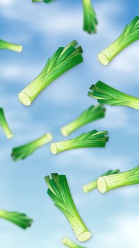 Vertical Animation of Fresh Green Leeks Falling Against Blue Sky