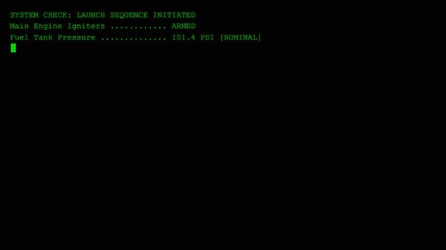 Nostalgic green computer terminal displaying space launch sequence