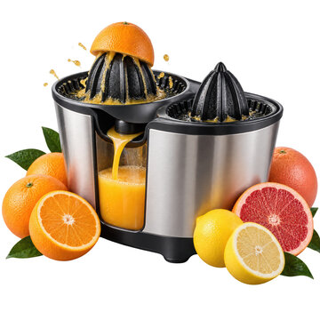  stainless steel electric citrus juicer with two reamers squeezing fresh juice from various citrus fruits into a glass.