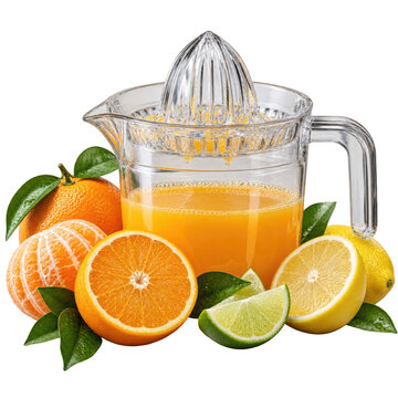  glass citrus juicer filled with fresh orange juice surrounded by whole and halved oranges, lemons, limes, and green leaves.