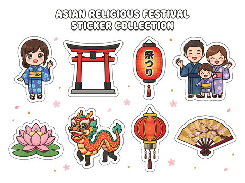 Japanese Festival Sticker Set with Cultural Icons.