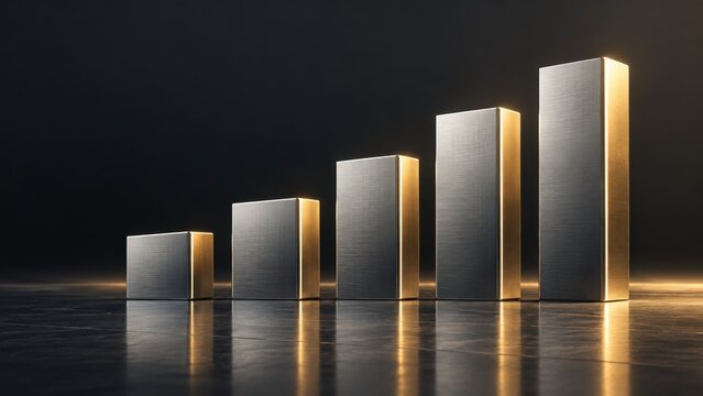 Stable broad-base metallic columns rising with disciplined geometric spacing, corporate operating profit visualization, minimal high-end annual report aesthetic