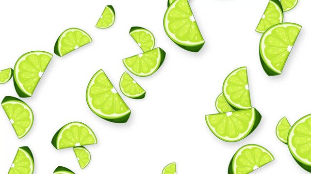 Animated Fresh Lime Slices Falling Downwards on White Background