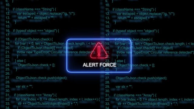 Cyber security alert force warning sign overlaid on scrolling software source code background, for digital technology, network protection, data, breach prevention, and, advanced programming interface