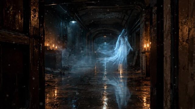 Ghostly woman in white dress floating in a dark abandoned hallway with flickering candle light
