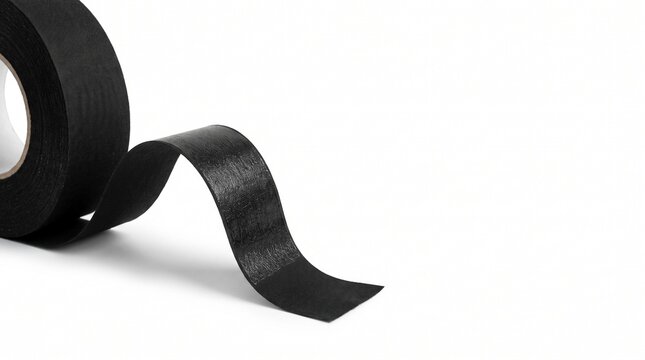 Black bookbinding cloth tape roll unwound on white background. Graphic resources concept for book repair, document binding, library archiving, office stationery and industrial packaging.