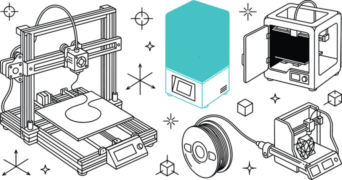 Advanced 3D printer and rapid prototyping machinery line art vector illustration collection set featuring additive manufacturing technology