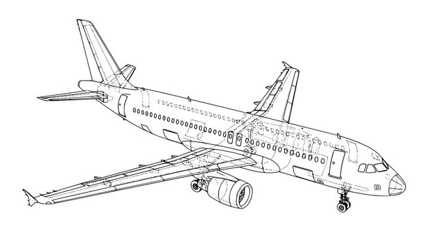Isometric Commercial Airplane 3D Wireframe EPS10 Technical Vector