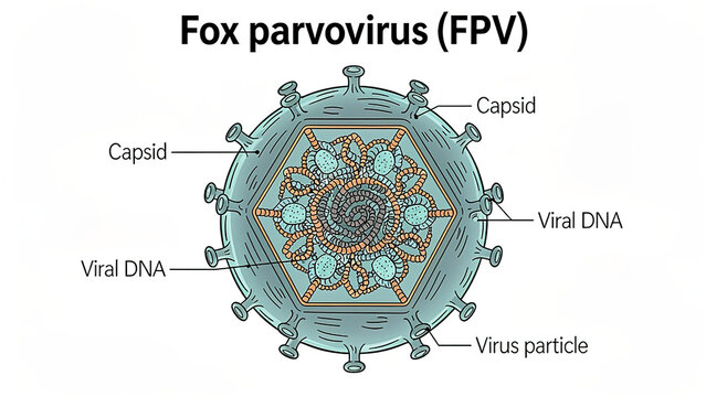Fox parvovirus (FPV) structure scientific illustration, labelled cross-section diagram showing capsid and viral DNA