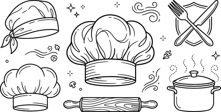 Chef hat collection linear vector icon set featuring restaurant cooking uniforms wooden rolling pin cutlery and hot steaming pot.